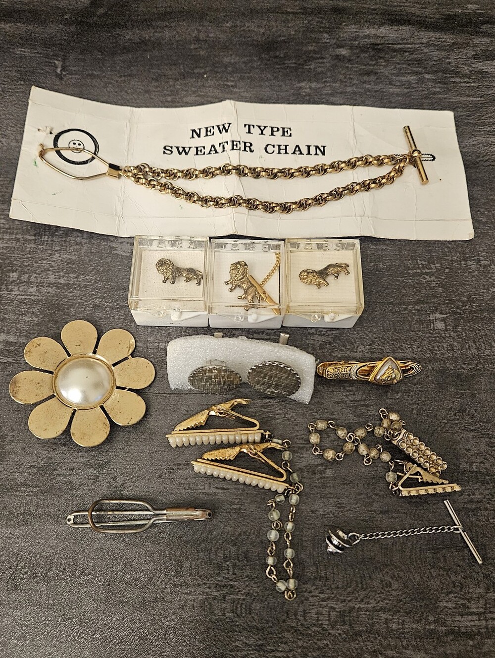 Vintage Accessory Lot: Sweater Chains, Scarf Clips, Cufflinks & Tie Bars